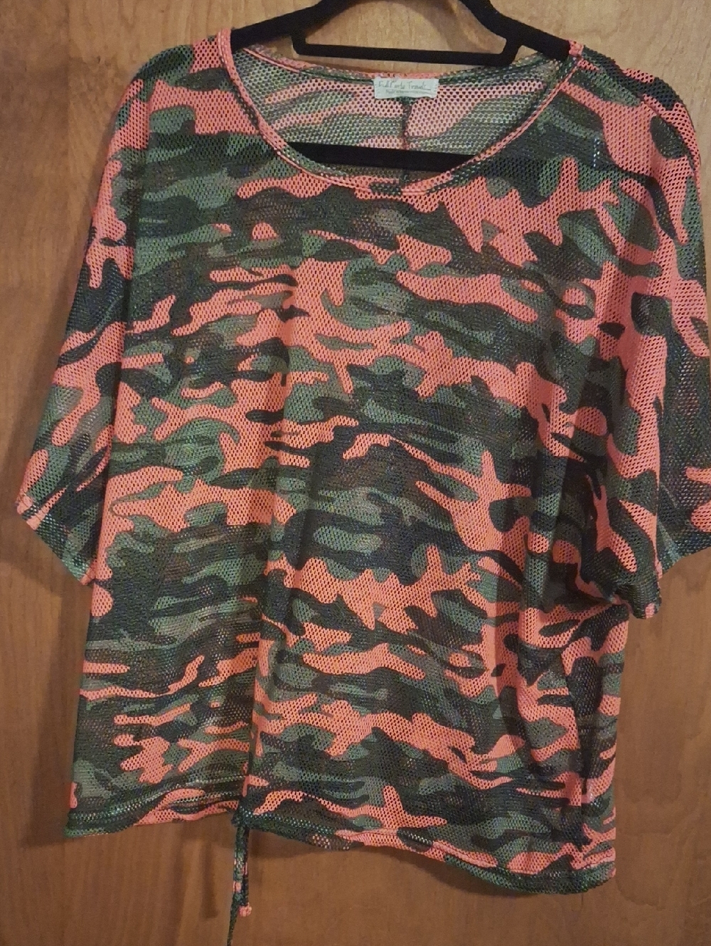Eileen Fisher Coral and Olive Mesh Top